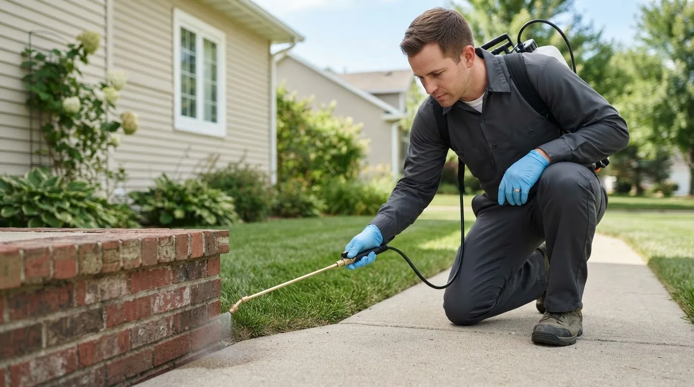 Pest control technician treating a home near Hope Valley, RI